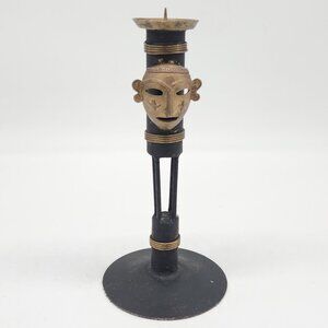 Handcrafted African Tribal Mask Inspired Metal Candle Holder Brass Metal 9"